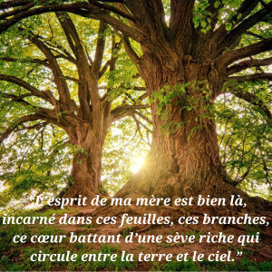 Extrait du roman « L’arbre de Rose » avec une citation illustrant Rose, garde-forestière en Auvergne, et les thèmes de la nature, du deuil et des secrets familiaux.
